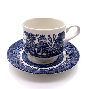 Vtg Churchill Blue Willow Large Flat Cup & Saucer replacement Blue & White China